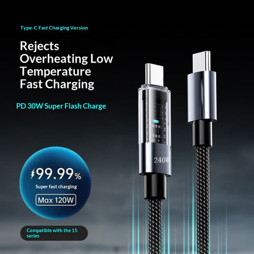 240W USB-C Fast-Charging & Data Cable – Braided, LED Indicator