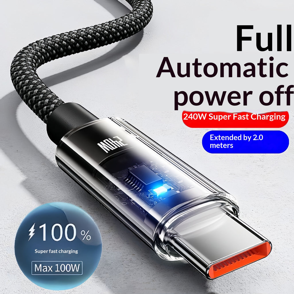 240W USB-C Fast-Charging & Data Cable – Braided, LED Indicator