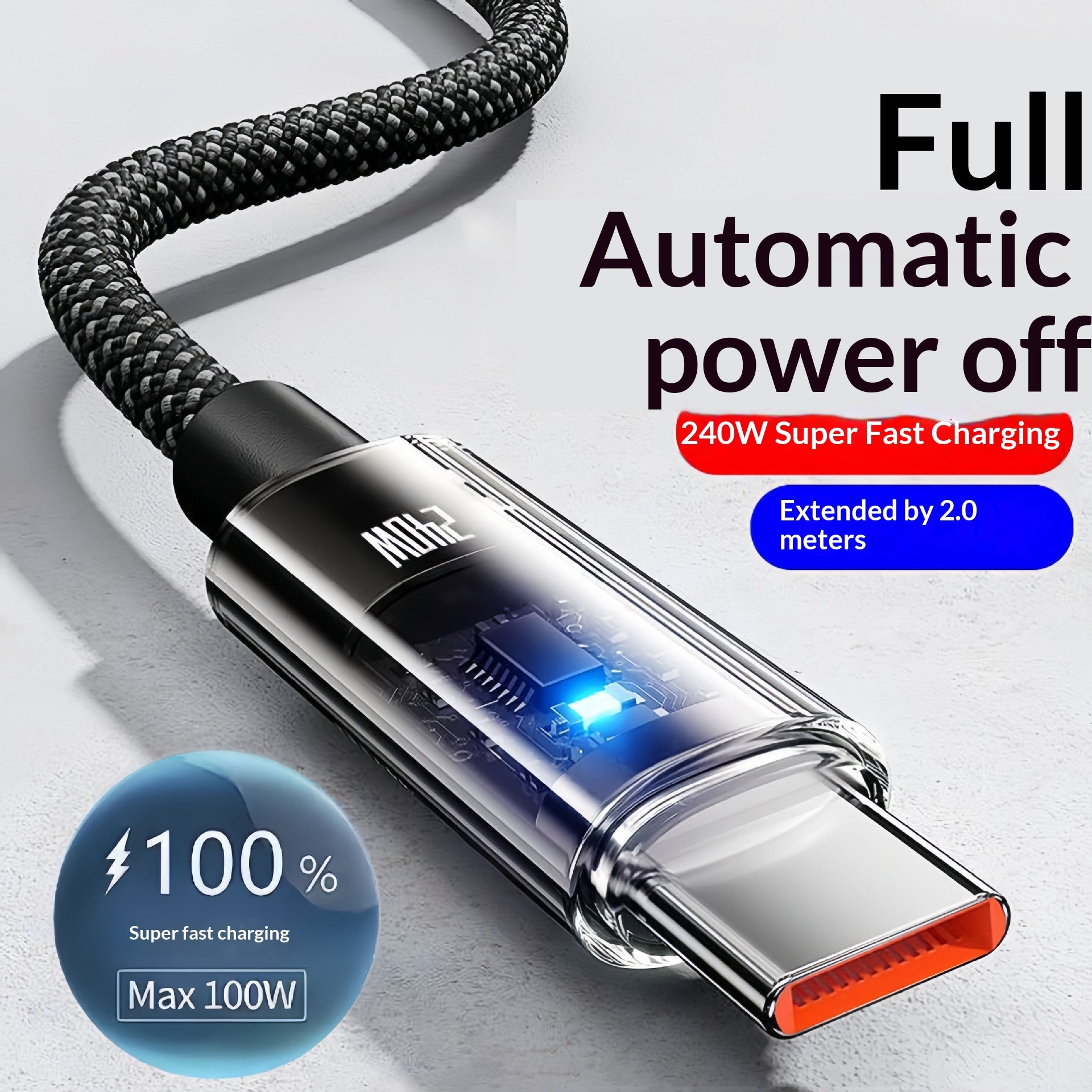 240W USB-C Fast-Charging & Data Cable – Braided, LED Indicator
