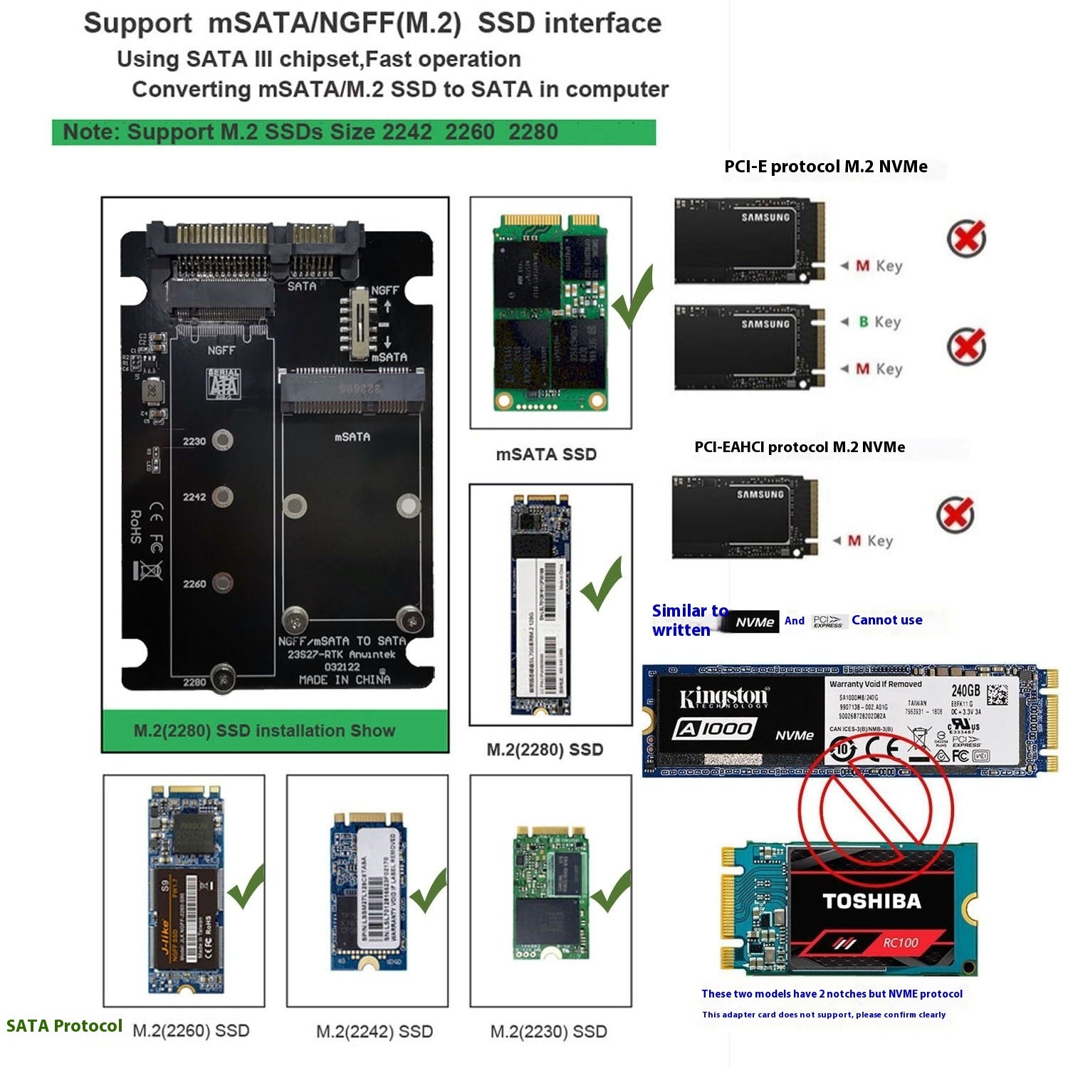 mSATA / M.2 NGFF to SATA 3.0 SSD Adapter Card for Homelab Builds
