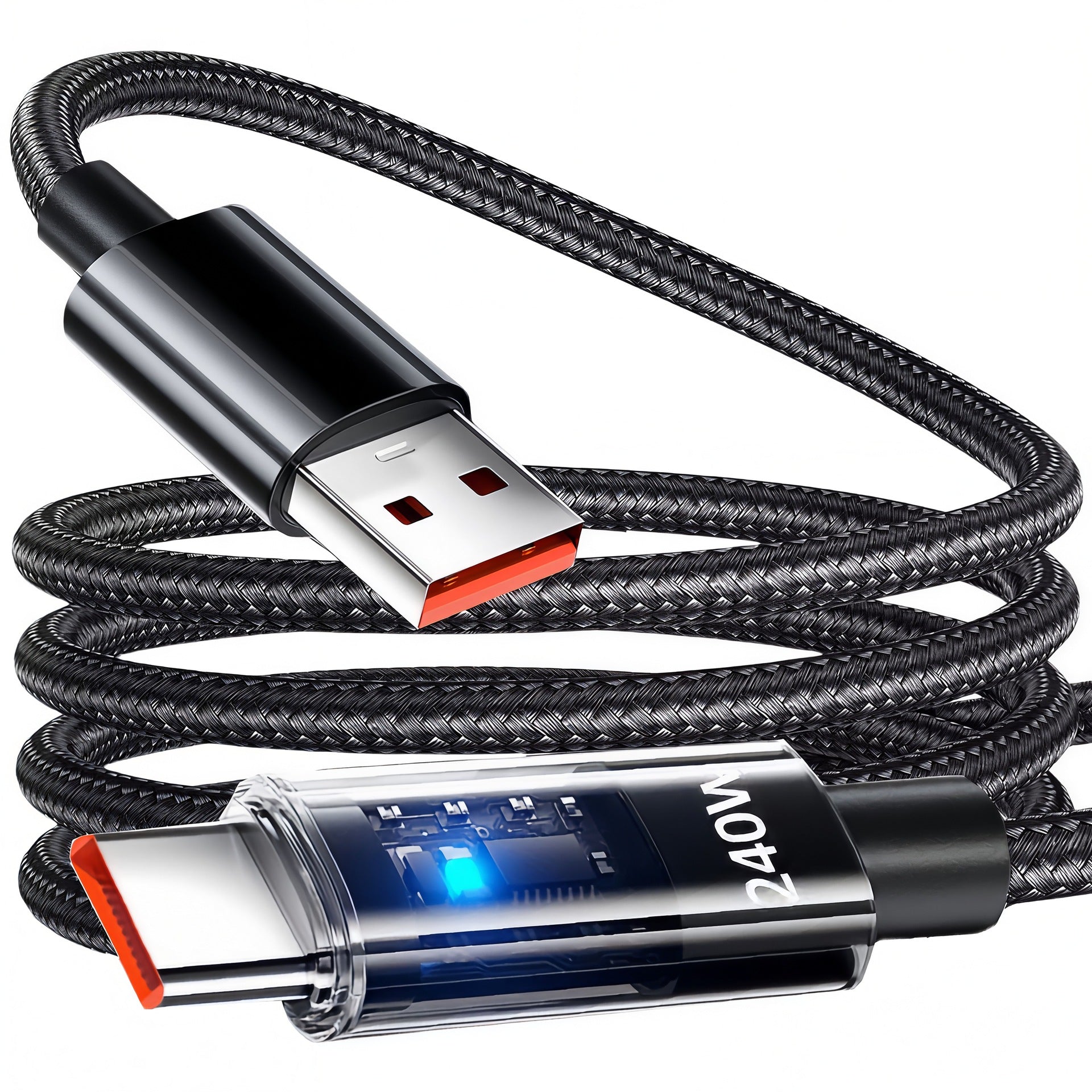 240W USB-C Fast-Charging & Data Cable – Braided, LED Indicator